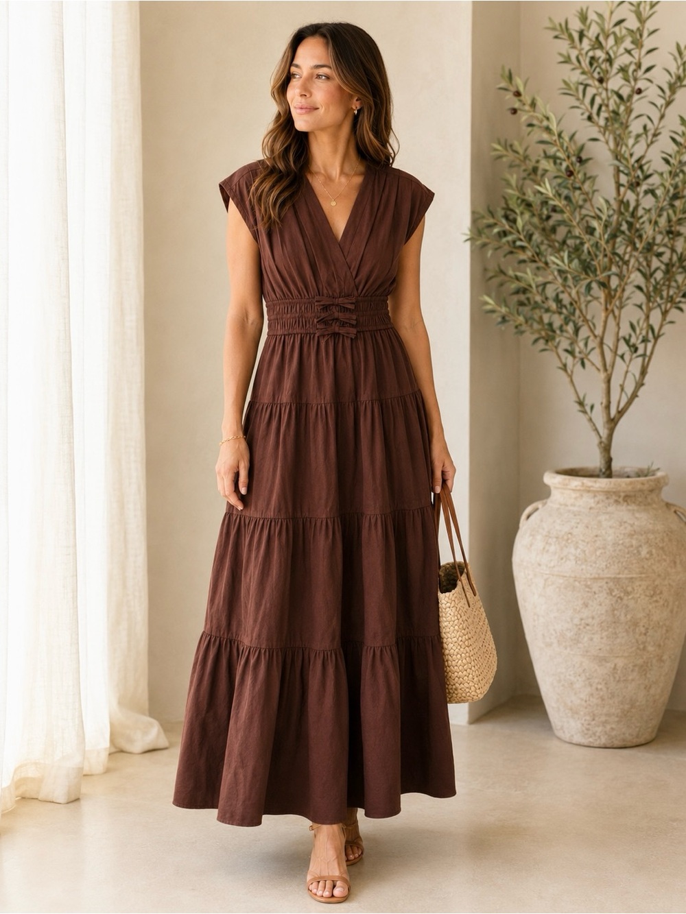 Anthropologie maxi brown dress smocked tiered fall trend quiet luxury cottage XL